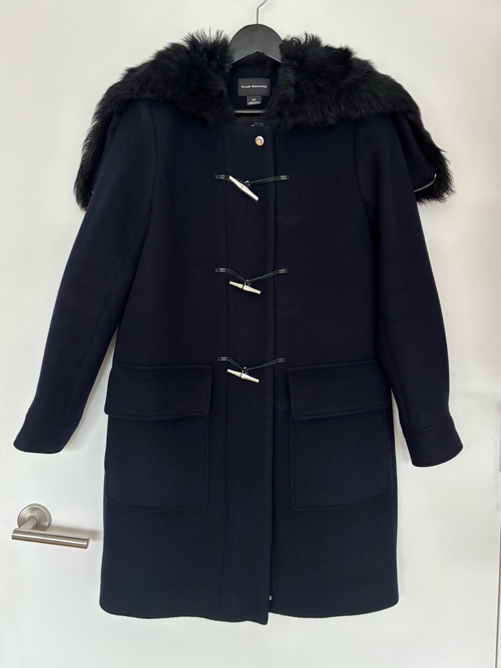 Club Monaco Wool Hooded Duffle Coat with Shearling Trim in Navy